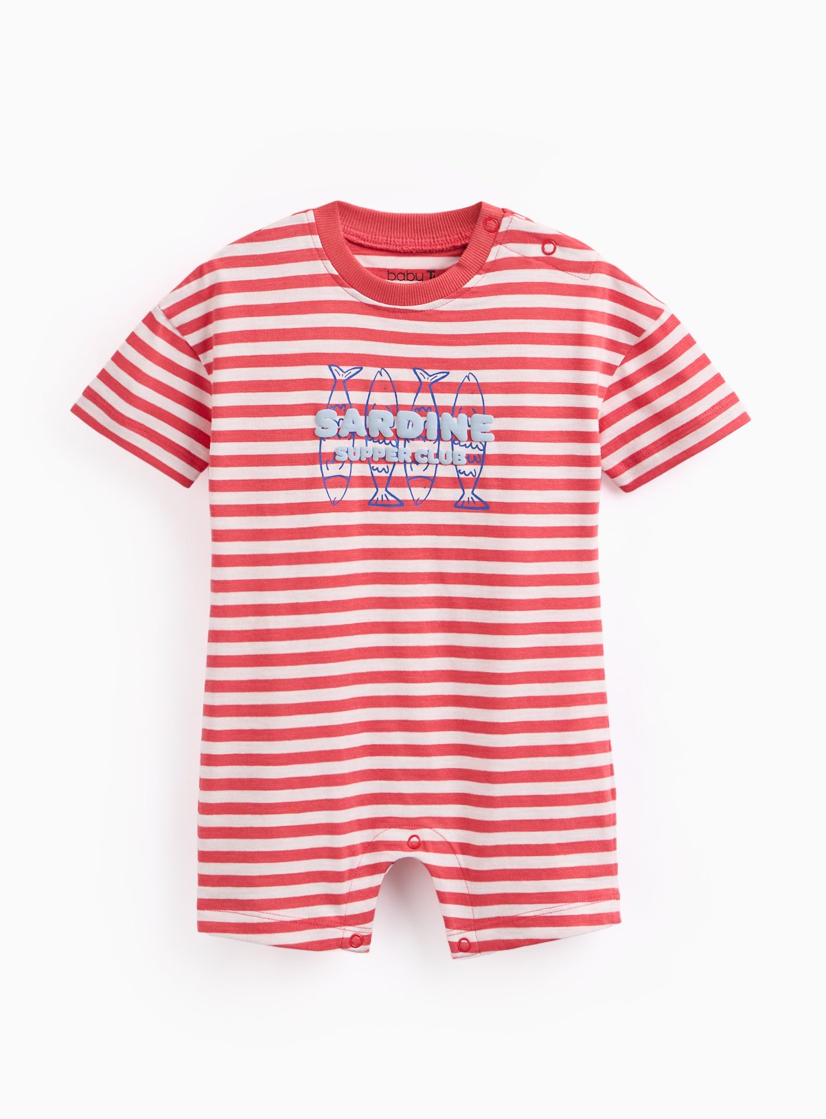 Red Stripe Print Sardine Graphic Short Sleeve Romper