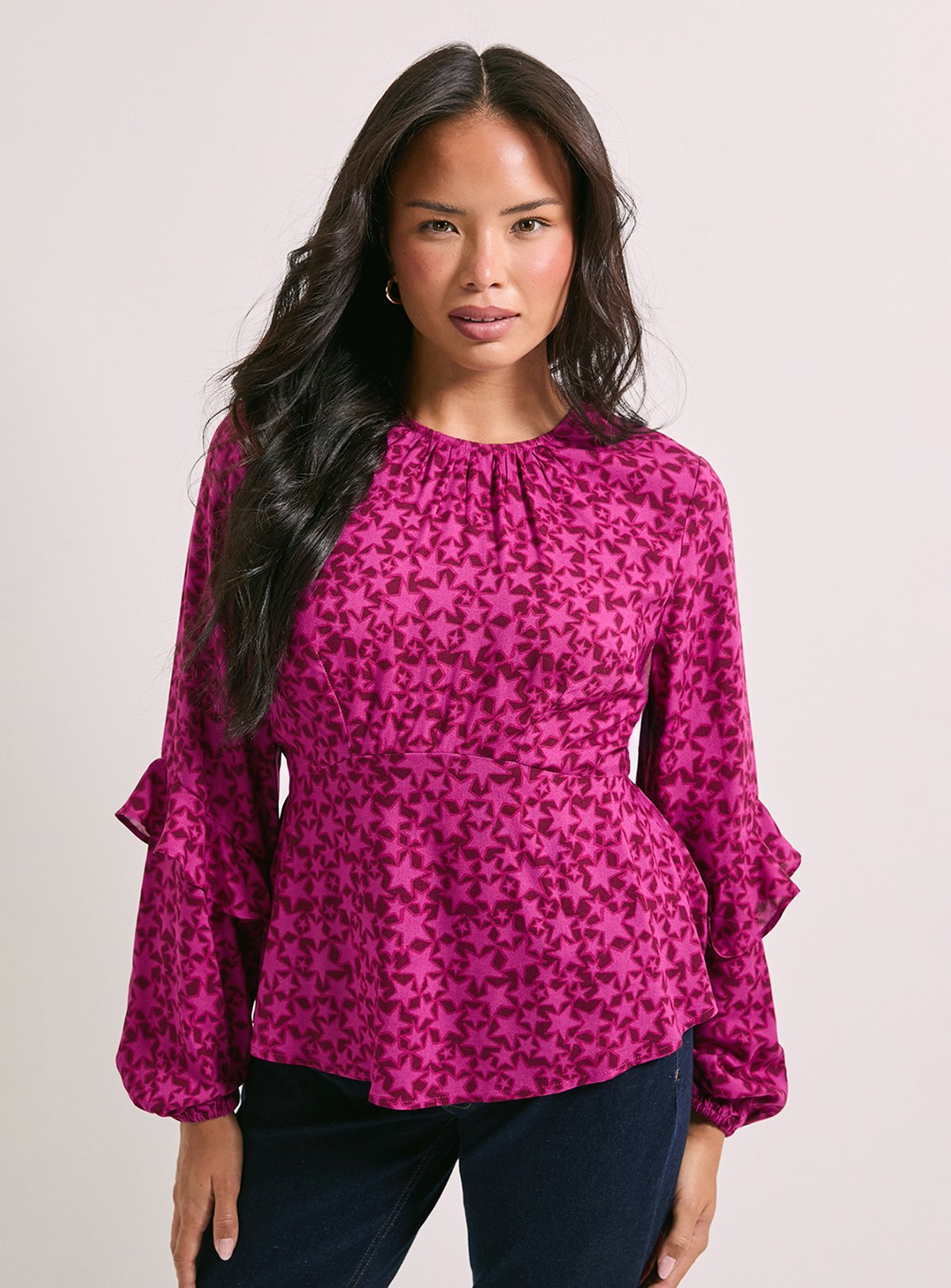 DOROTHY PERKINS Ruffle Blouson Sleeve Empire Seam Blouse Berry Pink 10