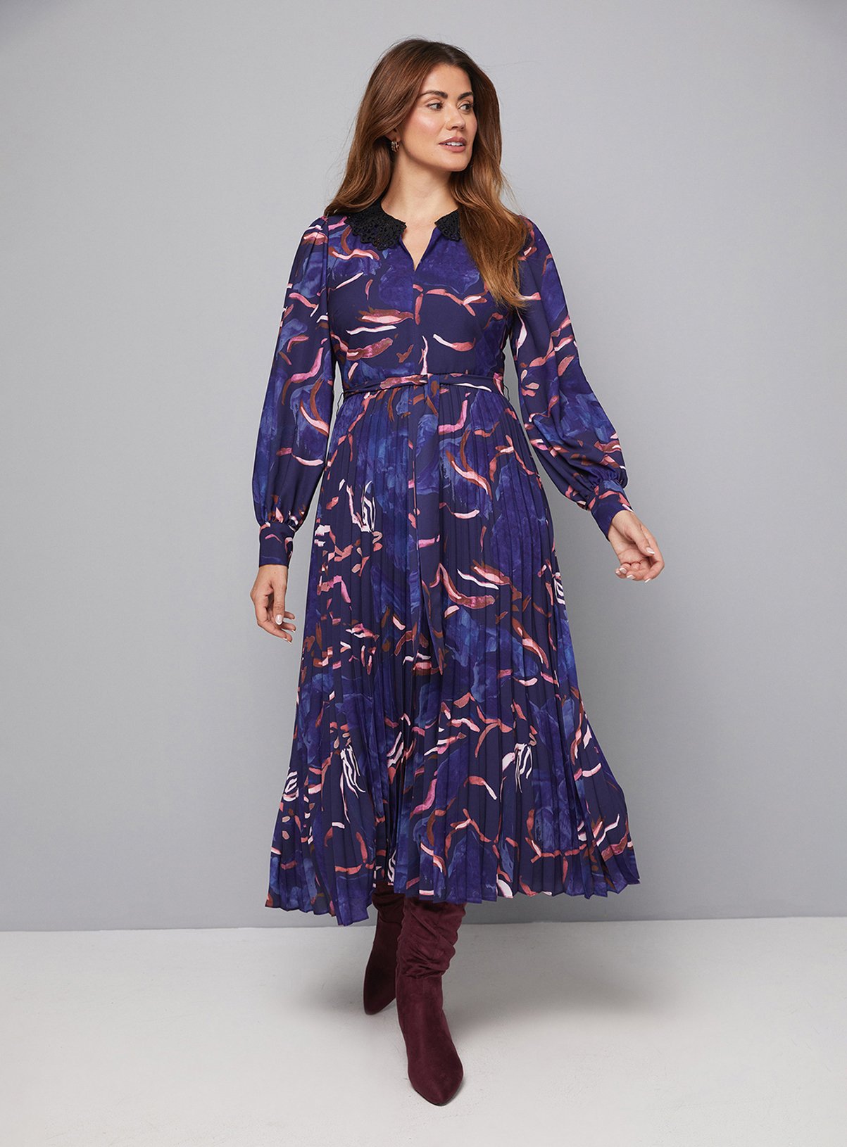 WALLIS Abstract Print Lace Collar Pleated Midi Dress
