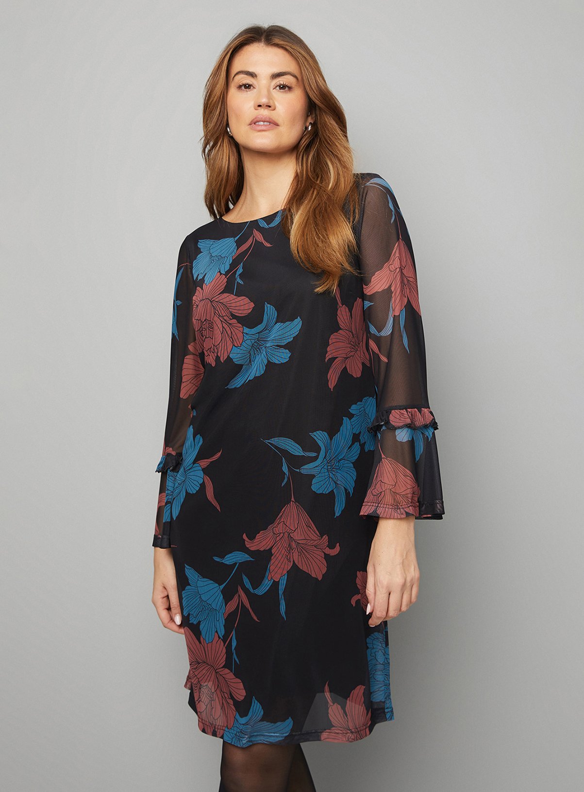 WALLIS Floral Mesh Ruffle Sleeve Shift Dress 