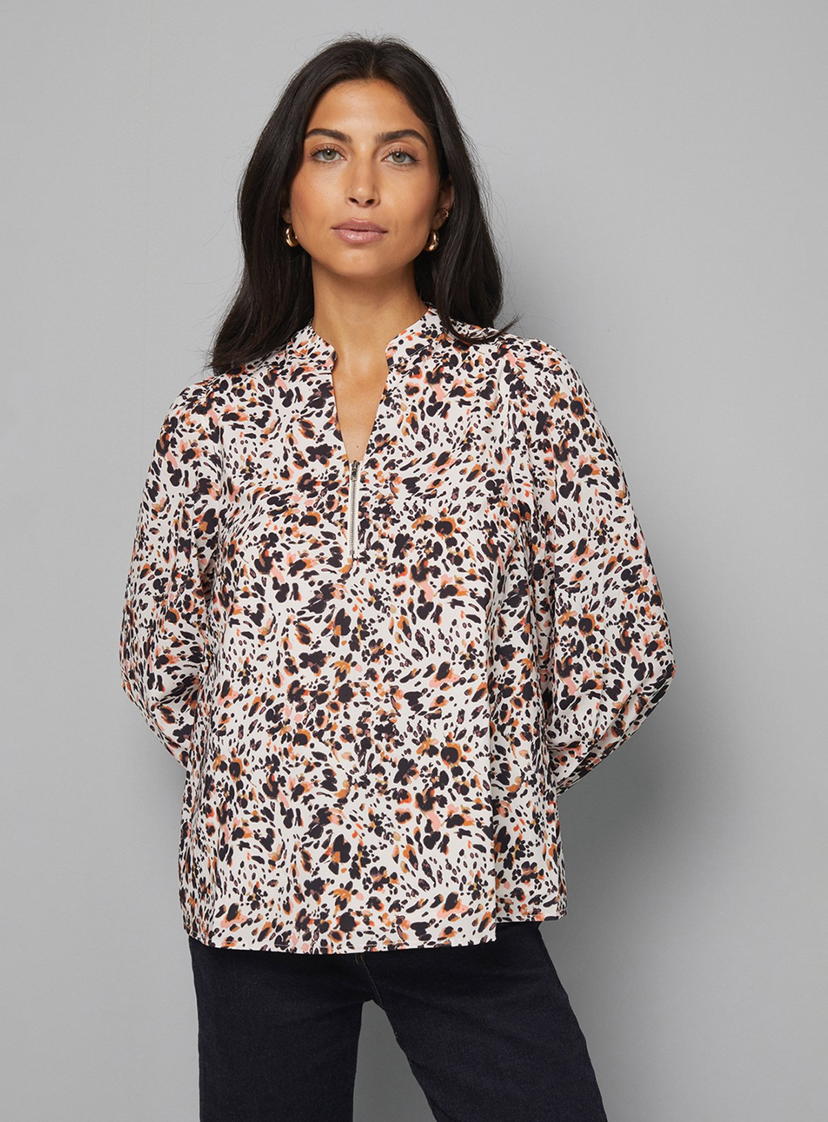 WALLIS Animal Print Collarless Zip Blouse 