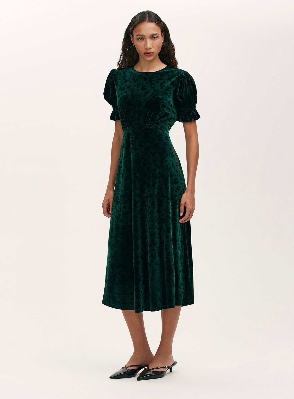 FINERY Mela Velvet Dress Green Animal