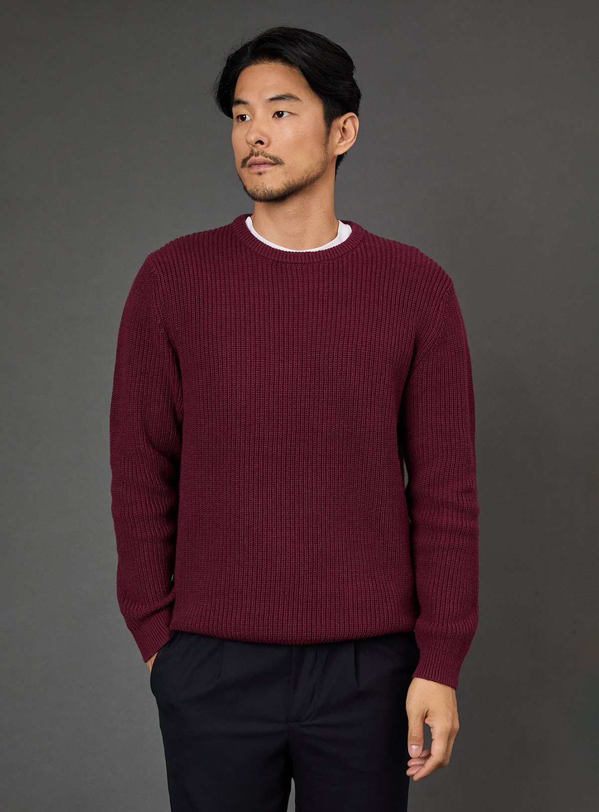 BURTON Burgundy Cotton Rich Ribbed Crew Neck Jumper 