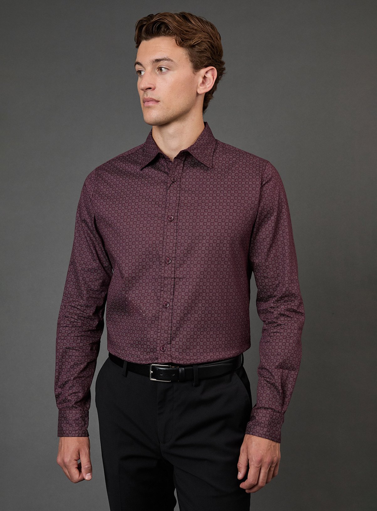 BURTON Burgundy Print Slim Fit Long Sleeve Shirt