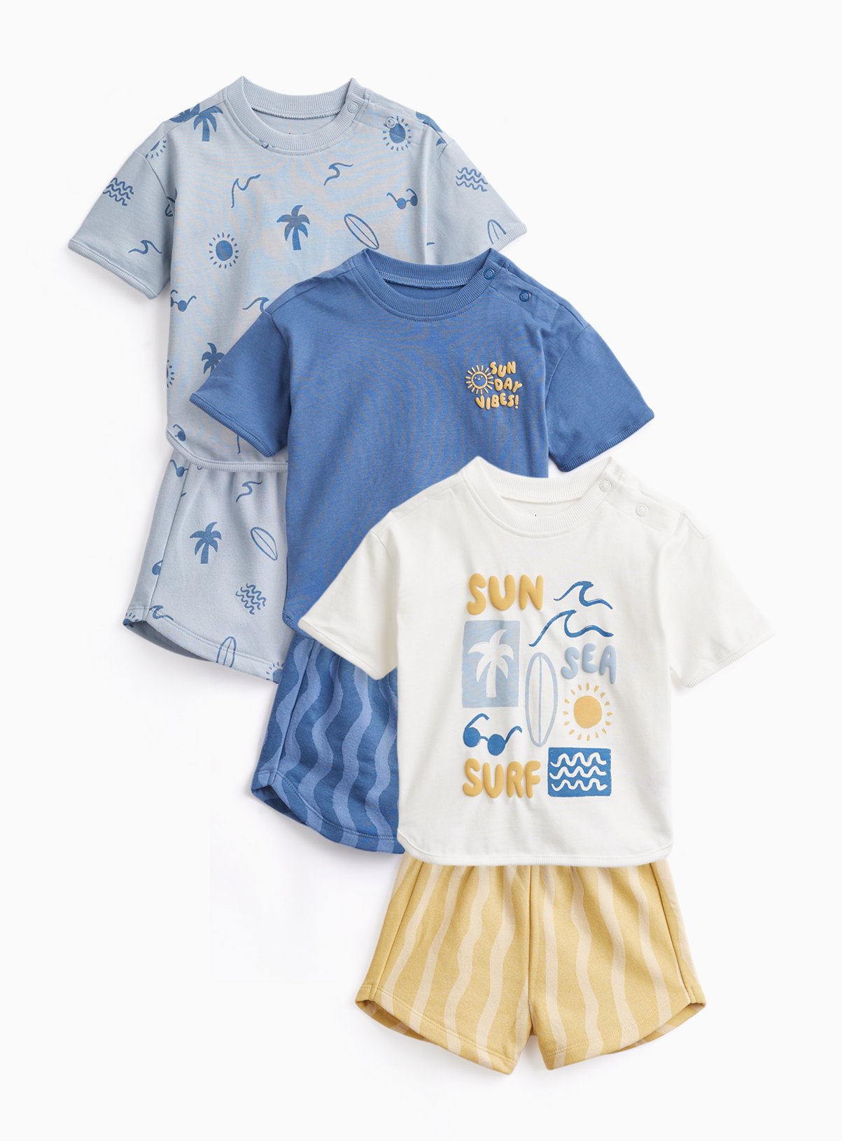 Wave Print T-Shirt & Shorts Sets 3 Pack 