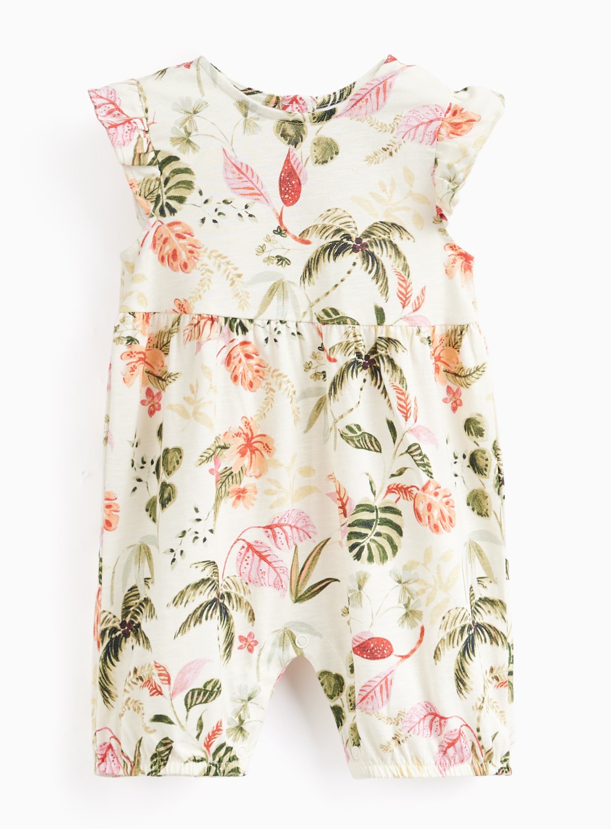 Cream Tropical Floral Print Frill Sleeve Romper Up to 3 mths