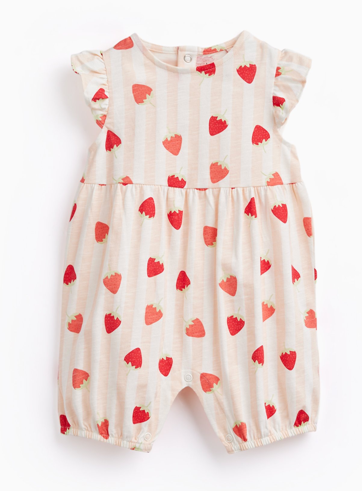 Pink Stripe Strawberry Print Frill Sleeve Romper 