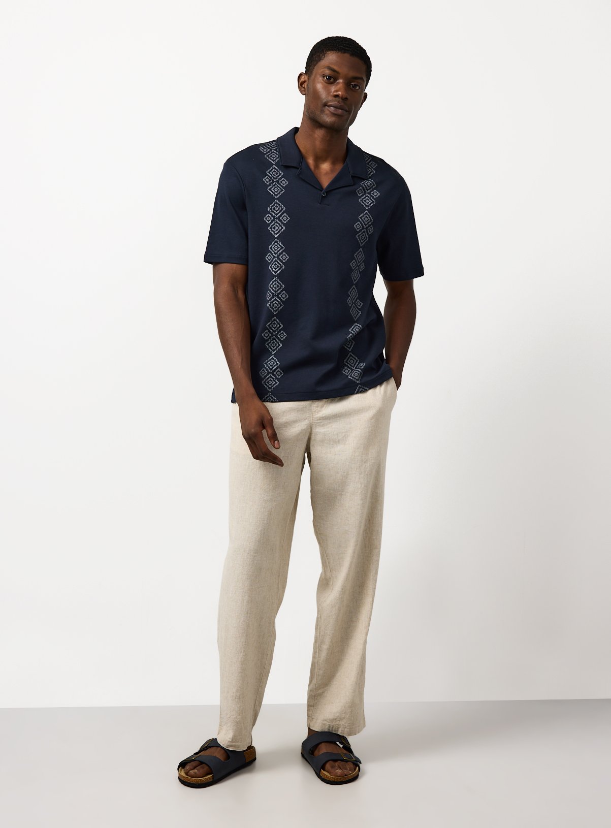 Navy Retro Print Revere Neck Polo Shirt XL