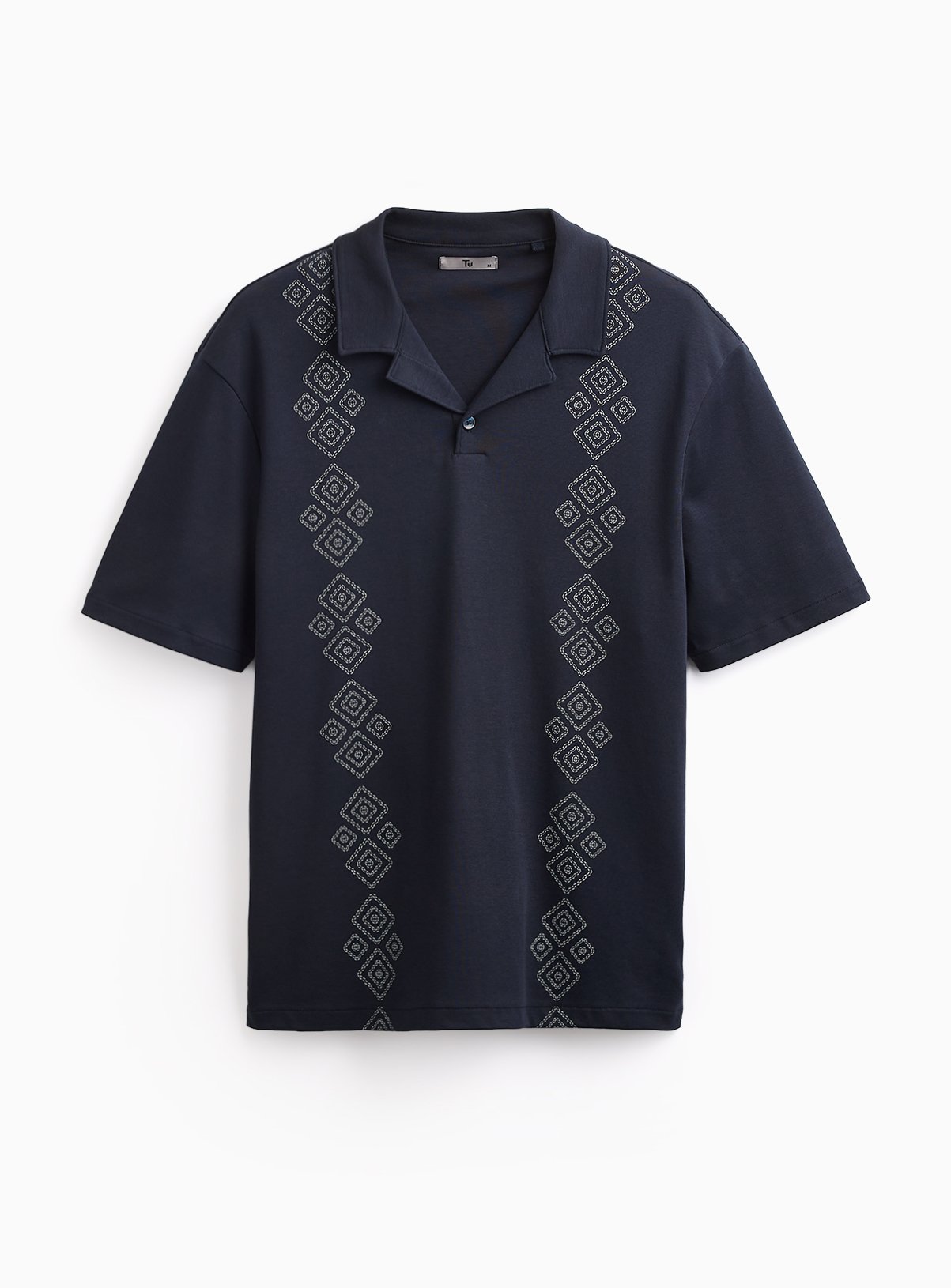 Navy Retro Print Revere Neck Polo Shirt 