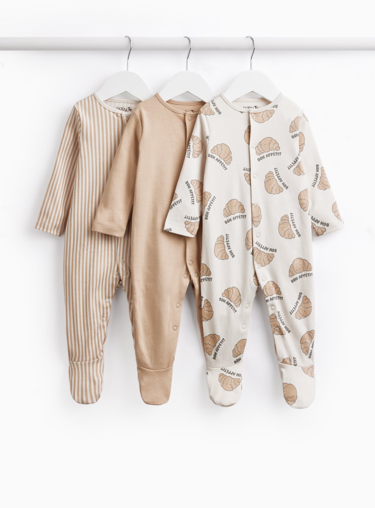Croissant & Stripe Print Sleepsuits 3 Pack 9-12 months