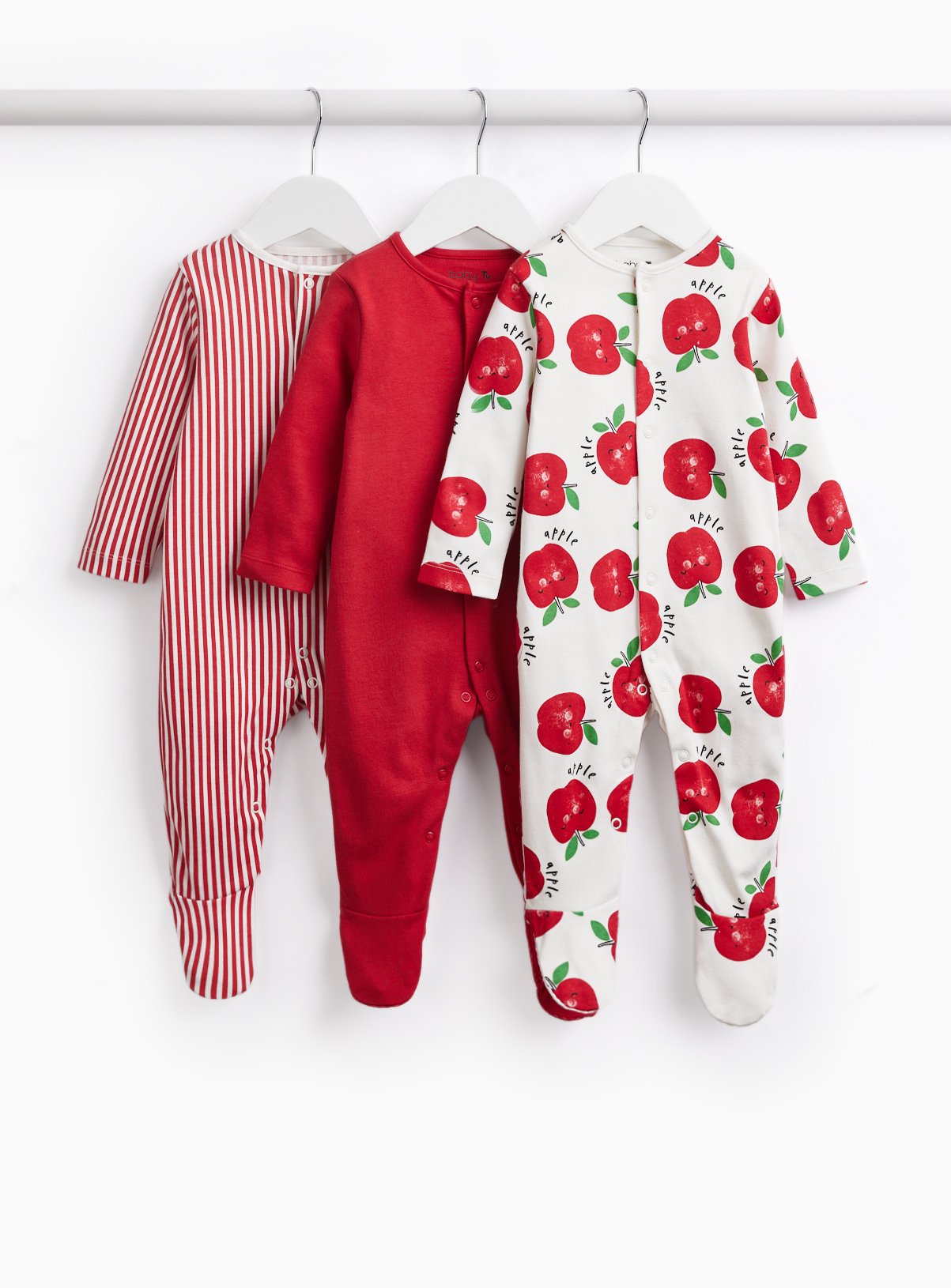 Apple & Stripe Print Sleepsuits 3 Pack 6-9 months