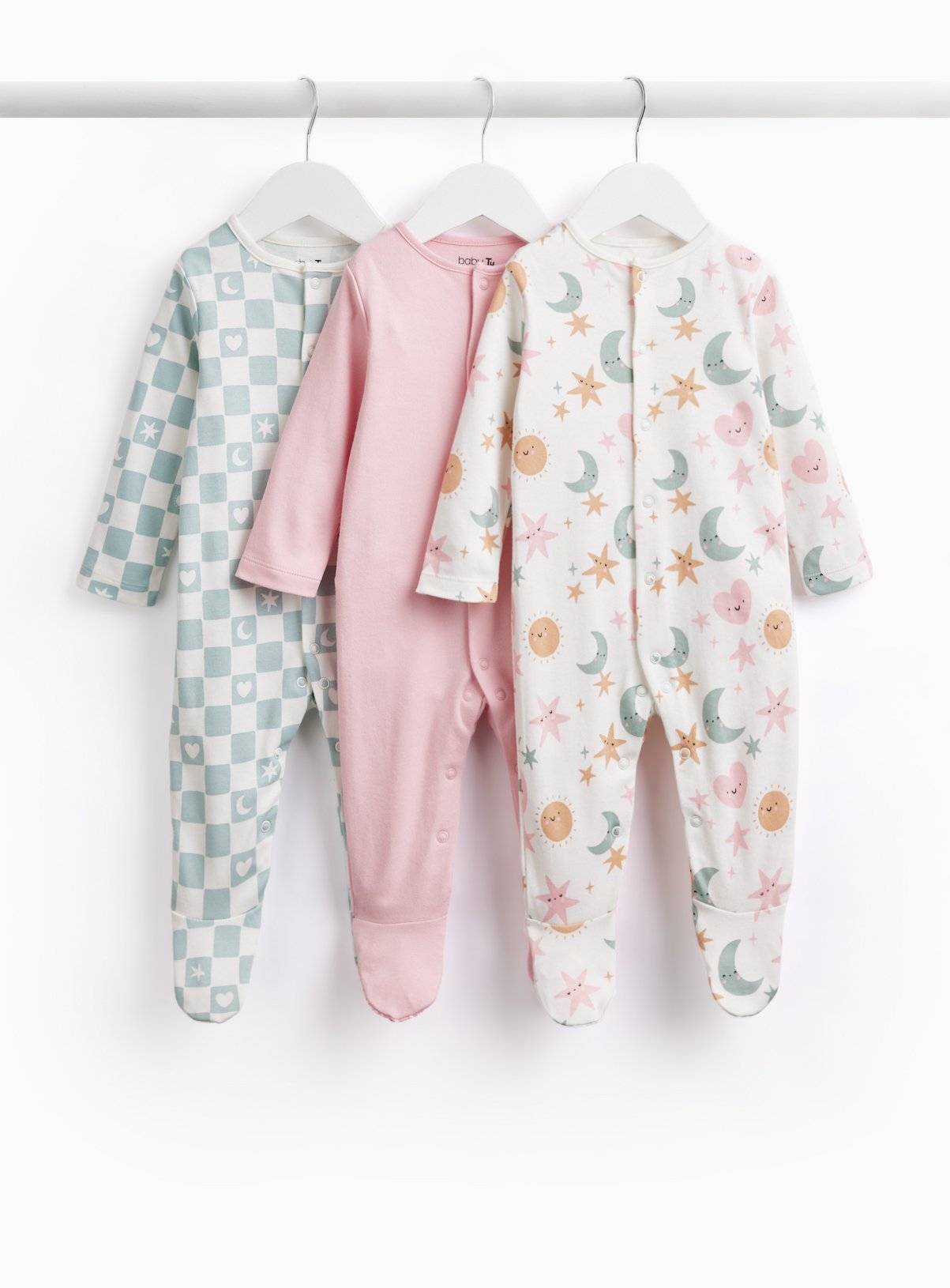 Hearts & Stars Print Sleepsuits 3 Pack 
