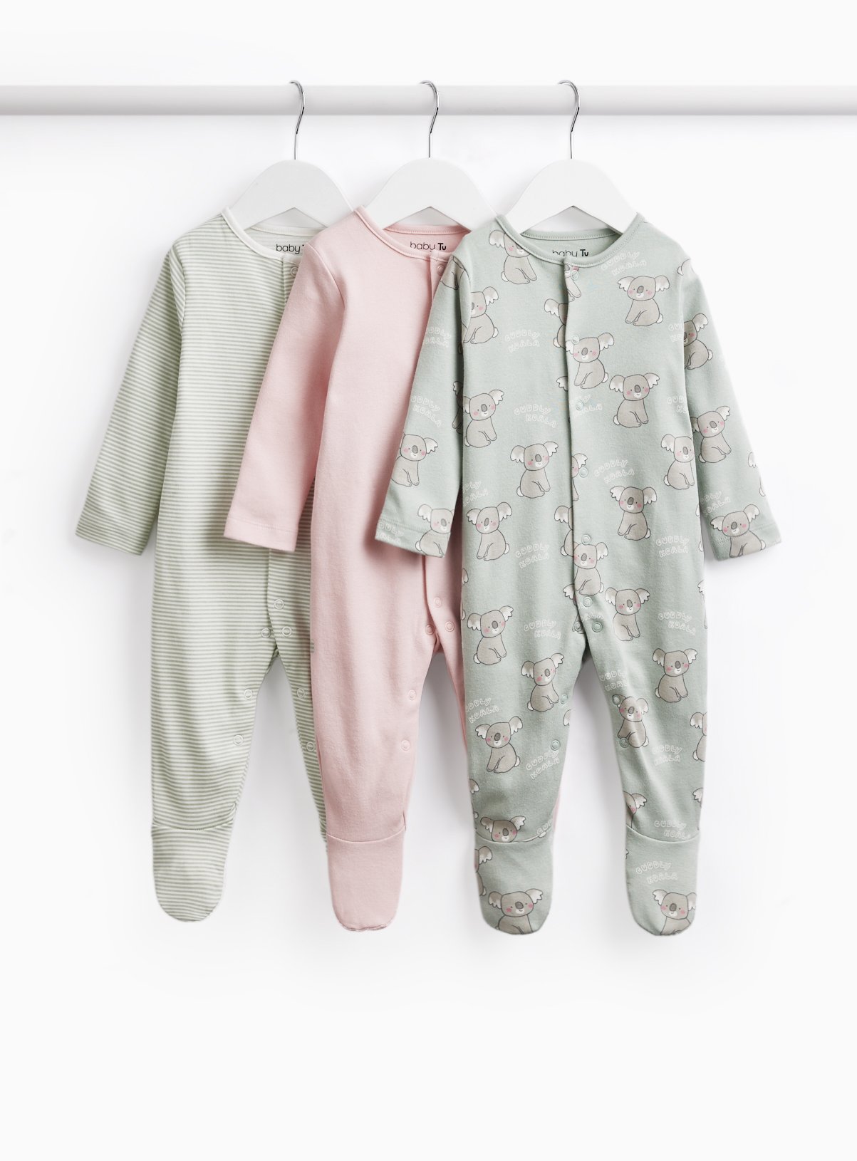 Koala & Stripe Print Sleepsuits 3 Pack 