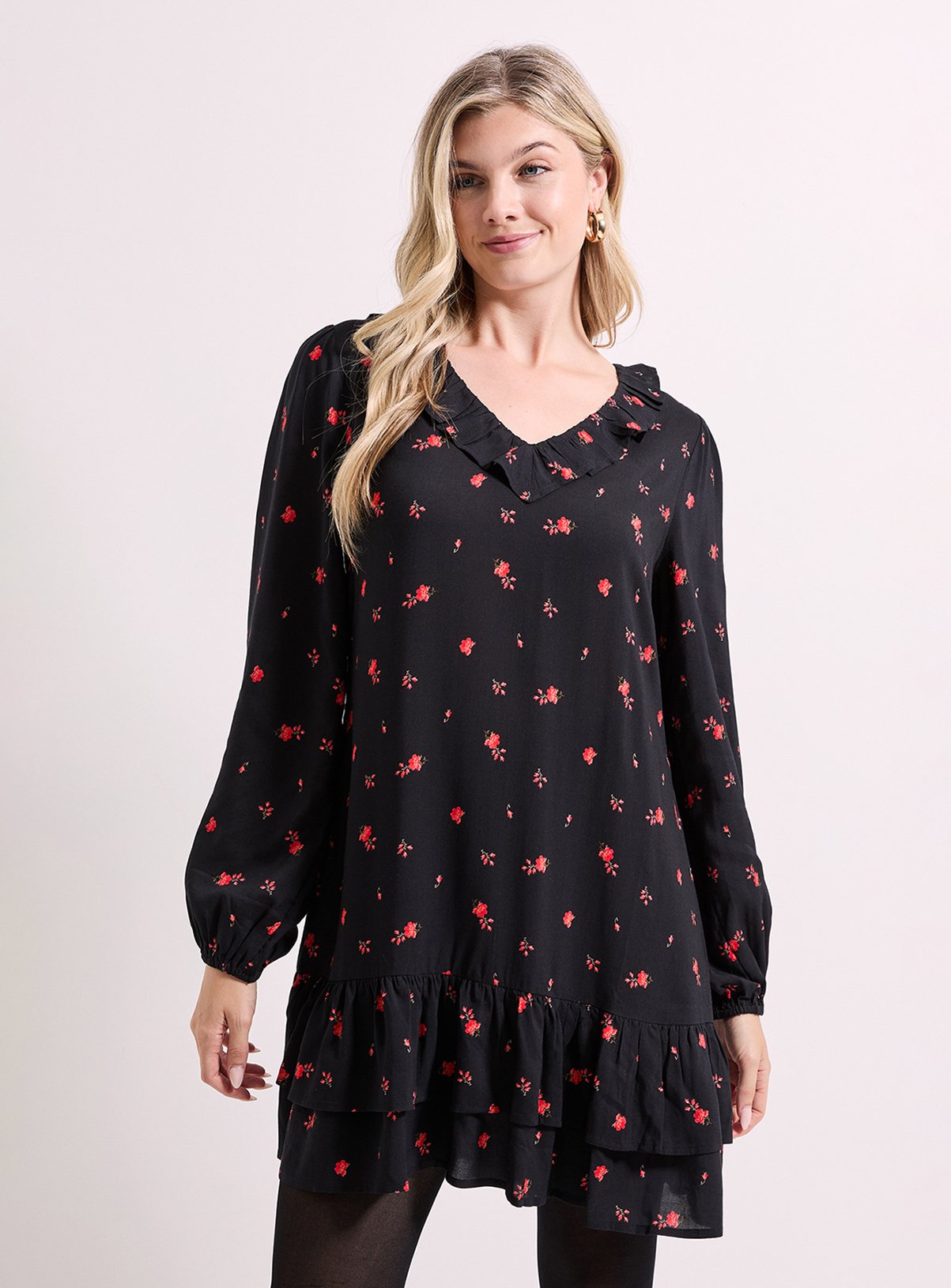 DOROTHY PERKINS Ditsy Floral Collar Detail Blouson Sleeve Tiered Mini Dress 8