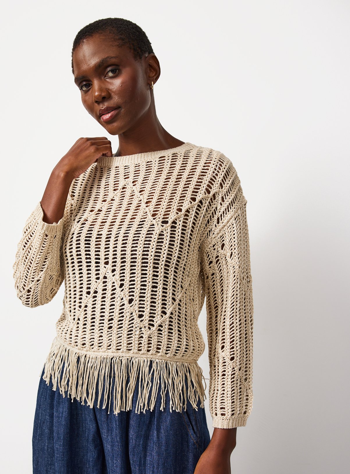 Stone Fringe Hem Knitted Jumper S