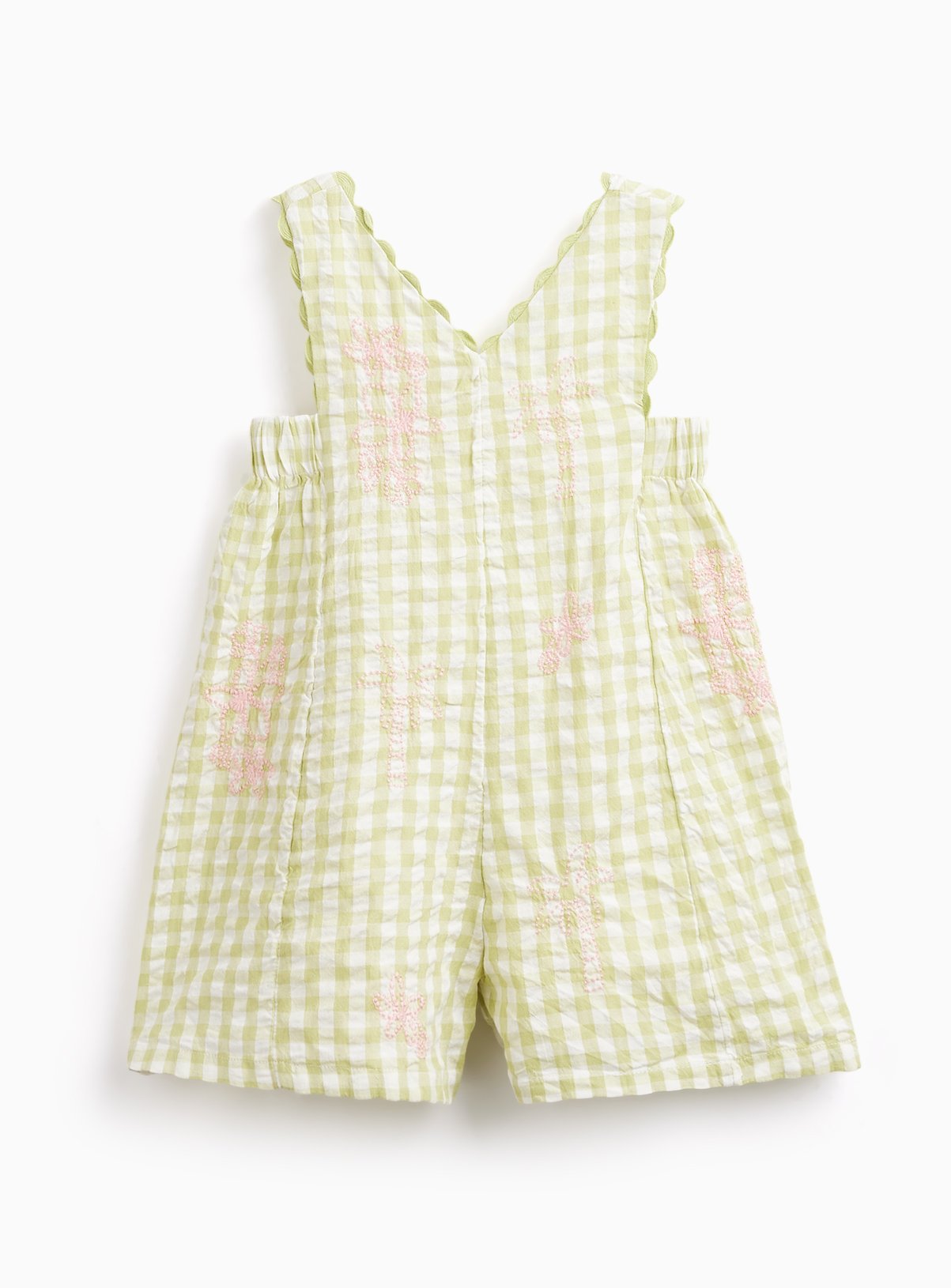 Green Gingham Flower Embroidered Playsuit 