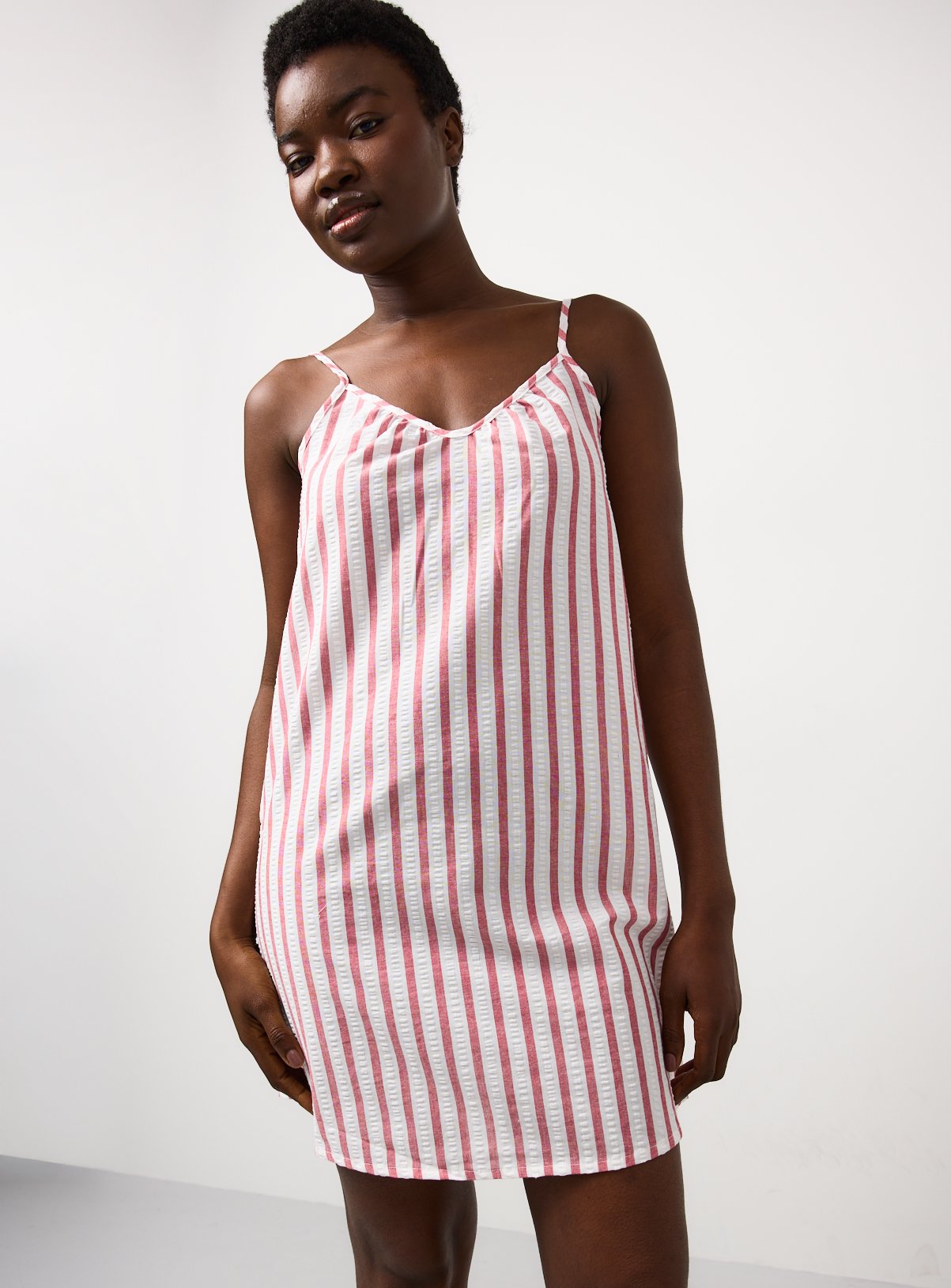 White Stripe Print Seersucker Chemise Night Shirt 