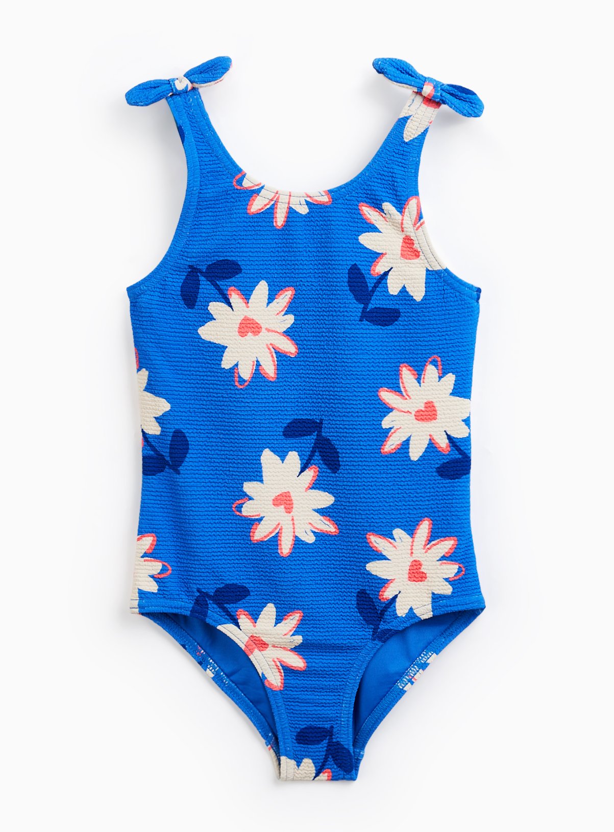 Blue Floral Print Crinkle Texture Swimsuit 