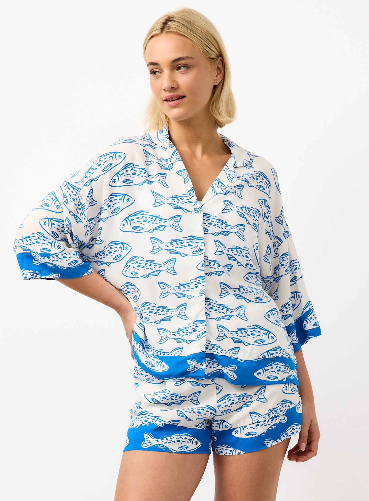 Blue Fish Print Shortie Traditional Pyjamas