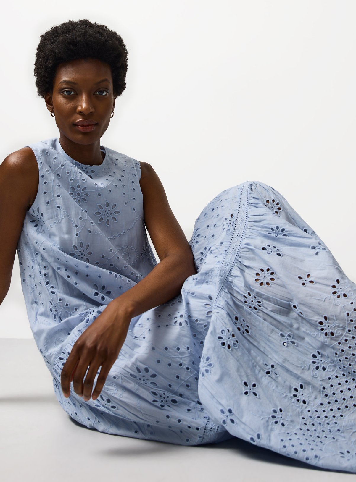 Light Blue Broderie Detail Sleeveless Smock Dress 10