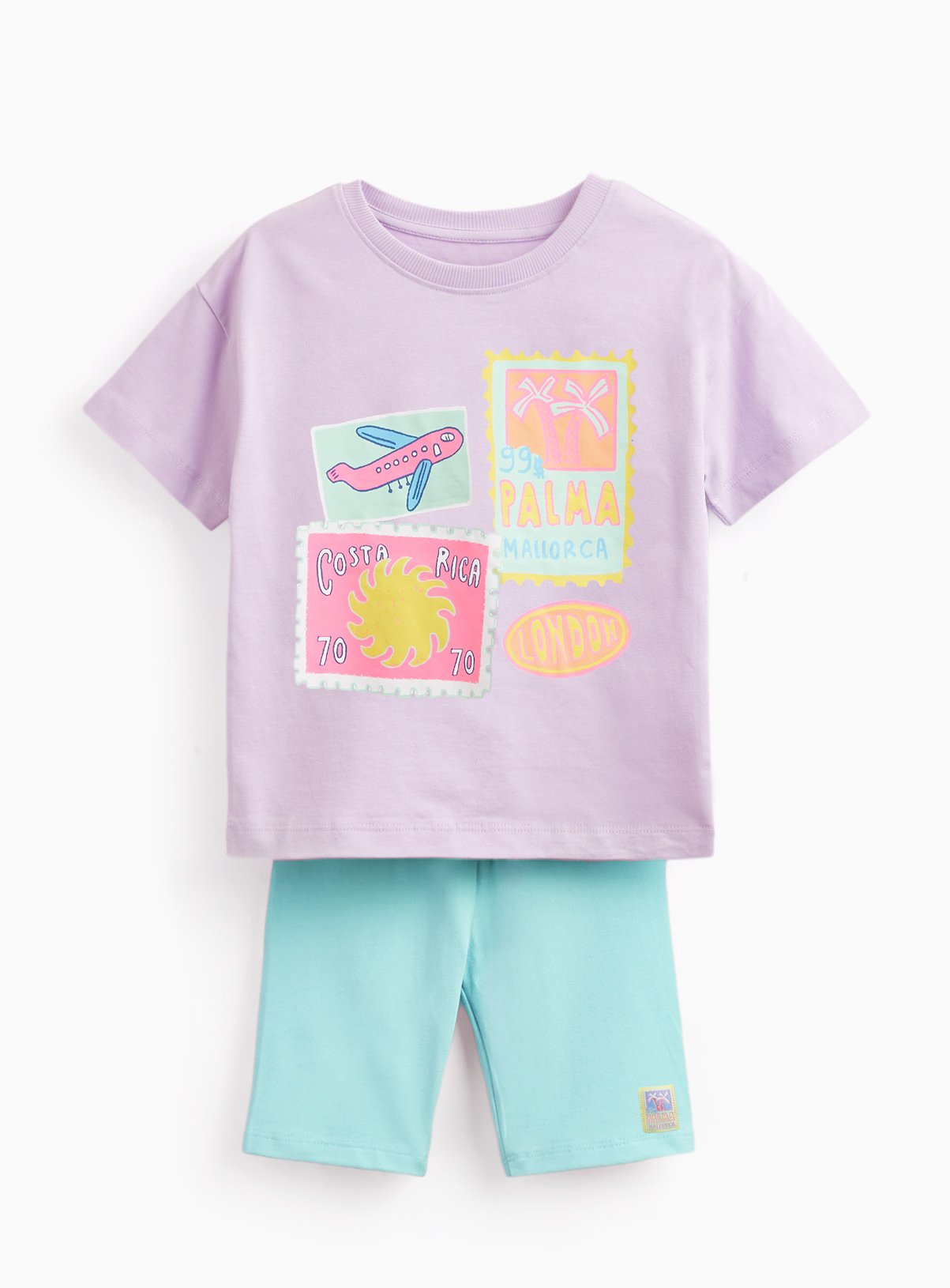 Purple Stamp Graphic T-Shirt & Cycle Shorts Set 