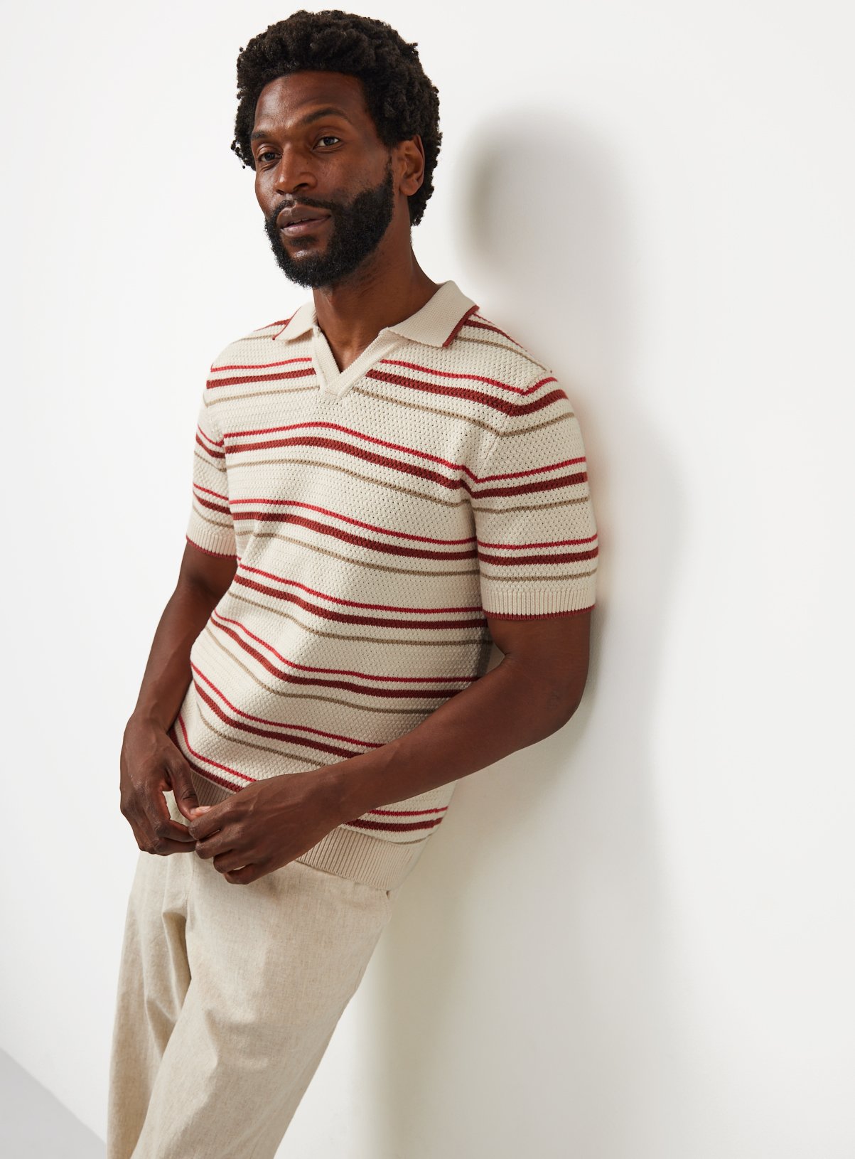 Red Tonal Stripe Trophy Neck Knitted Polo XXL