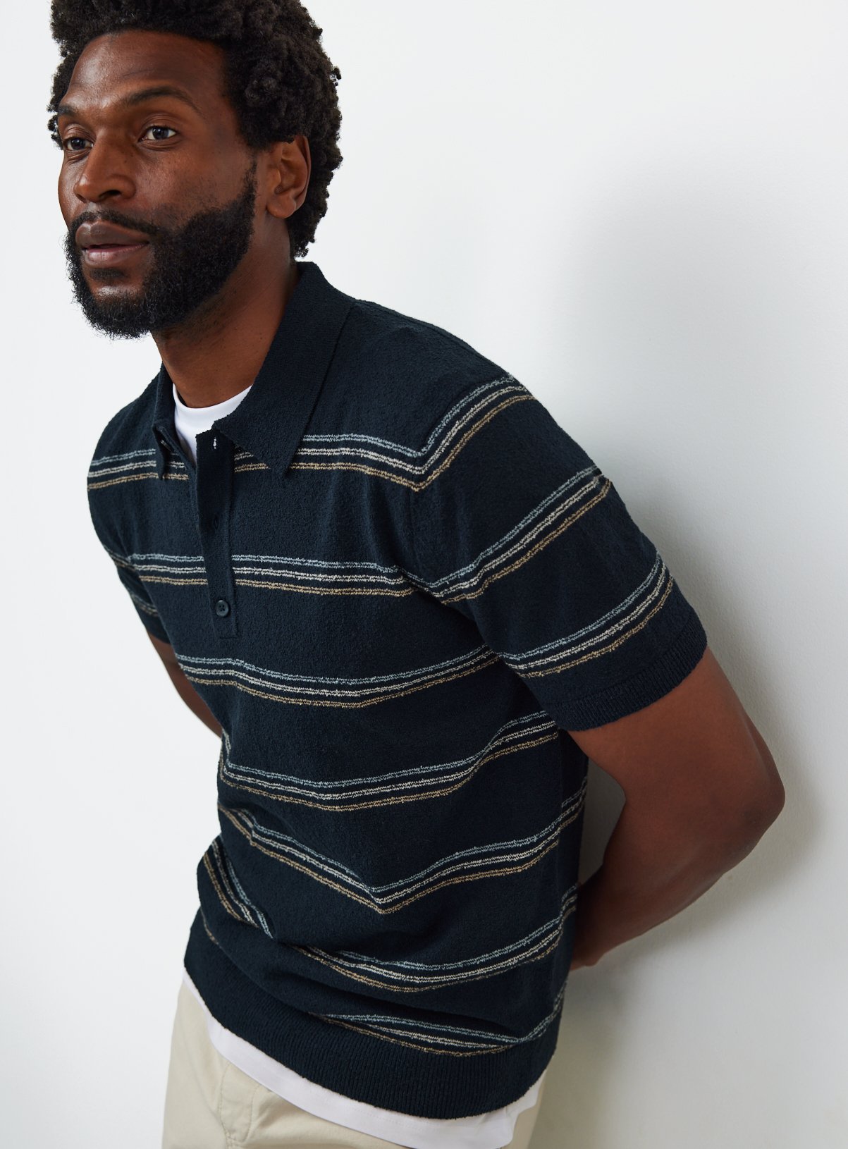 Navy Stripe Boucle Knitted Polo Shirt 