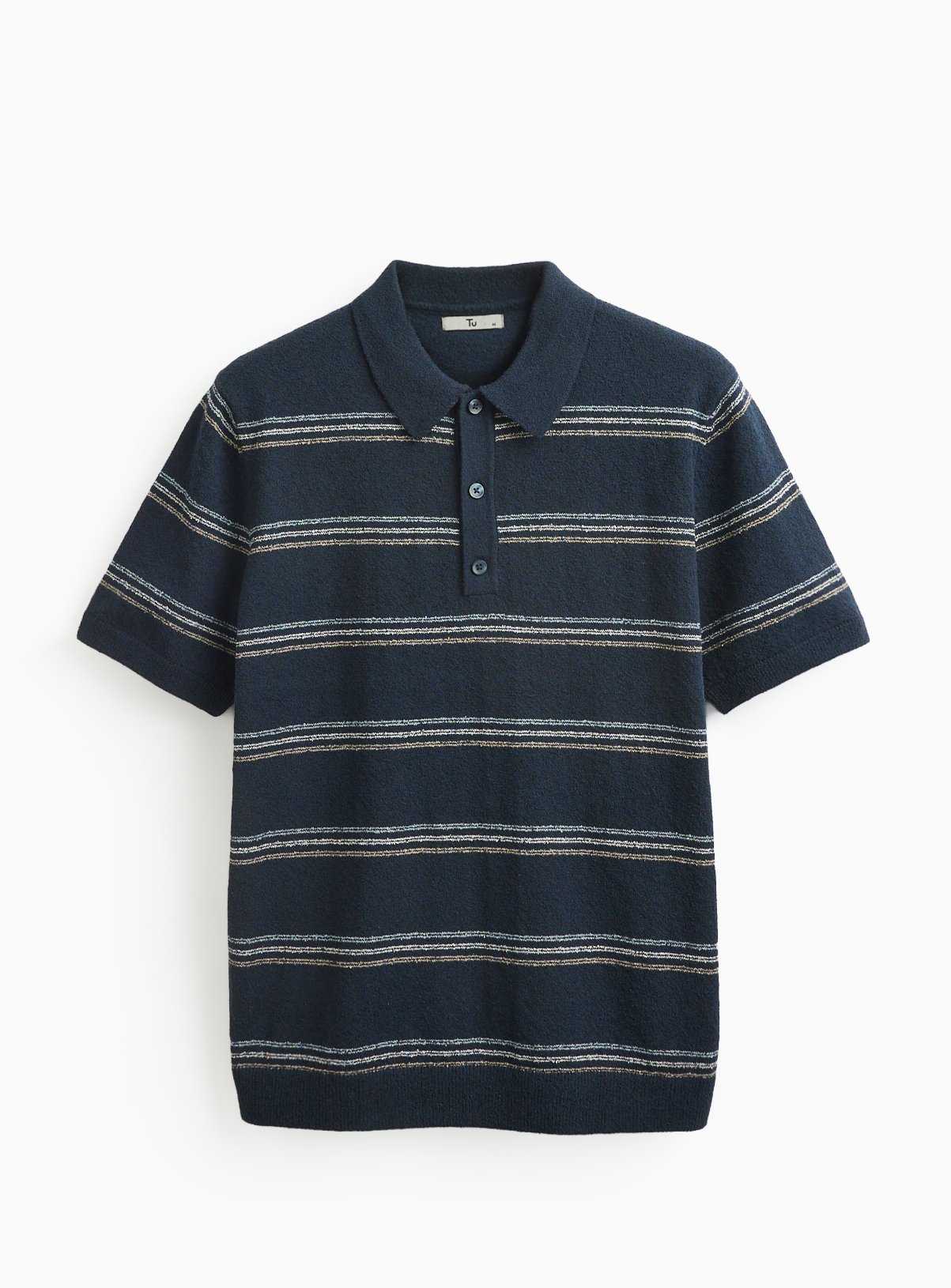 Navy Stripe Boucle Knitted Polo Shirt M