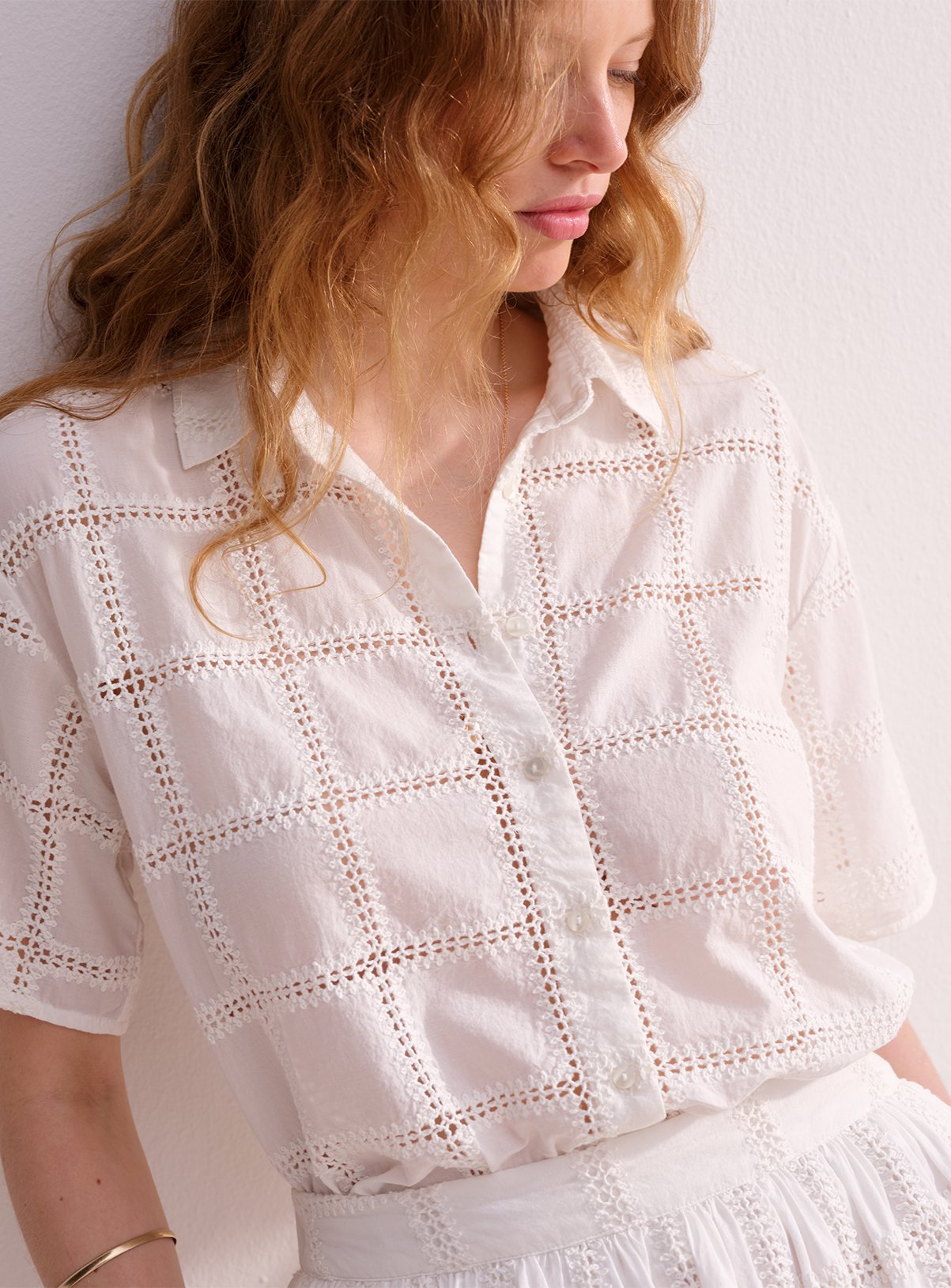 White Broderie Short Sleeve Co-ord Shirt 20