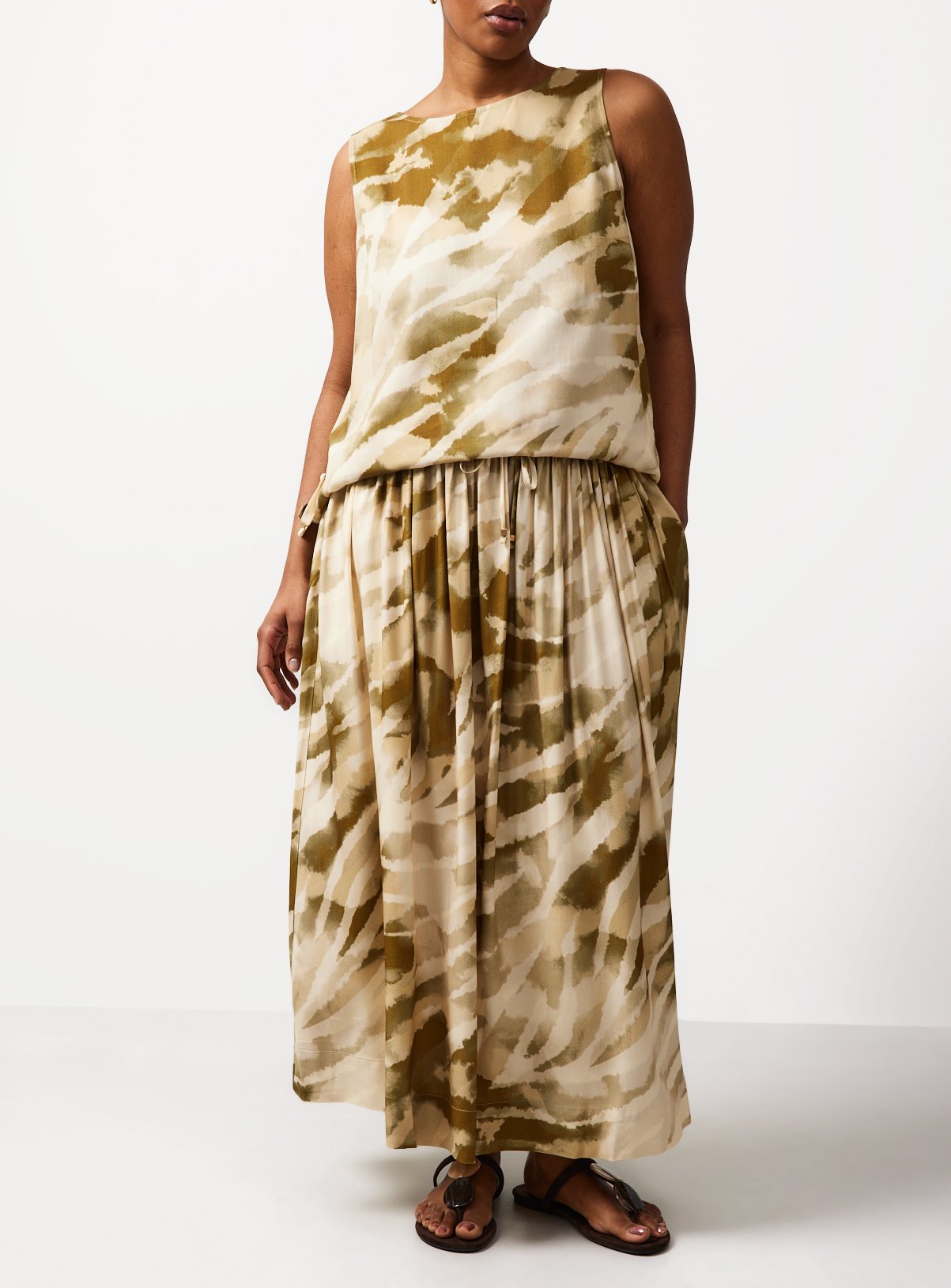 Green Camo Print Midaxi Full Skirt