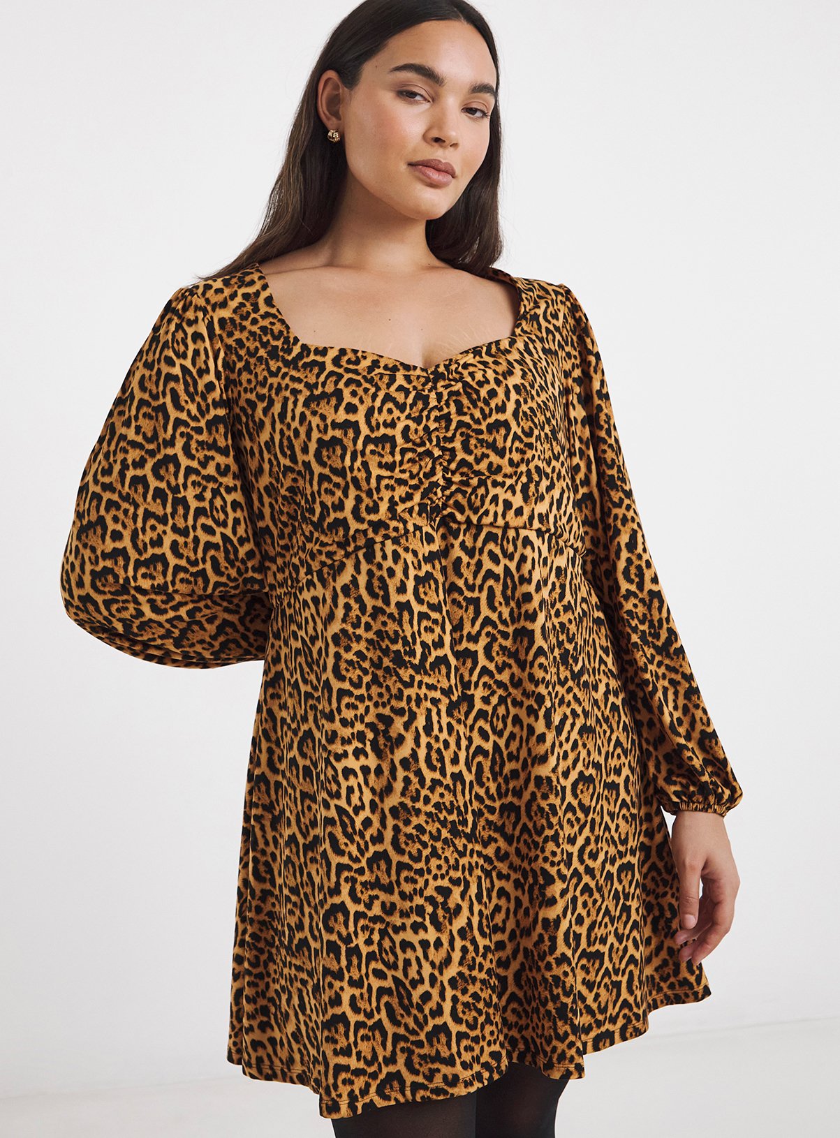 SIMPLY BE Supersoft Sweetheart Neck Leopard Print Skater Dress 