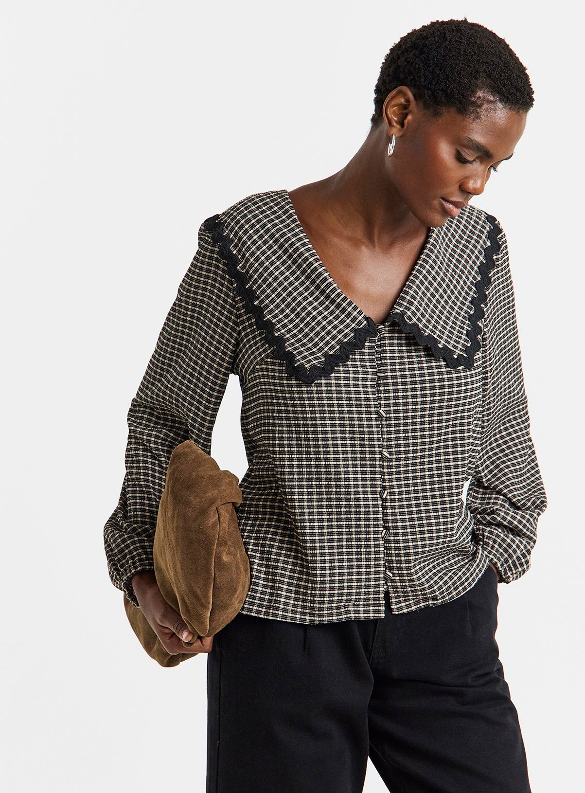 JD WILLIAMS Gingham Collar Button Through Blouson Top 12