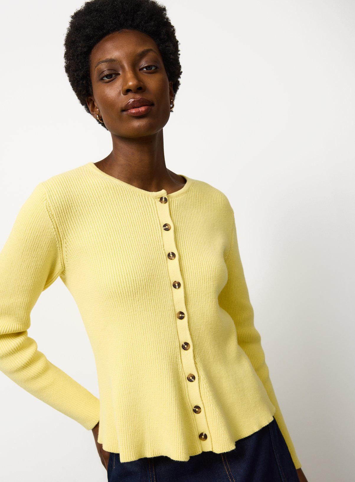Yellow Ribbed Peplum Hem Waisted Cardigan 10
