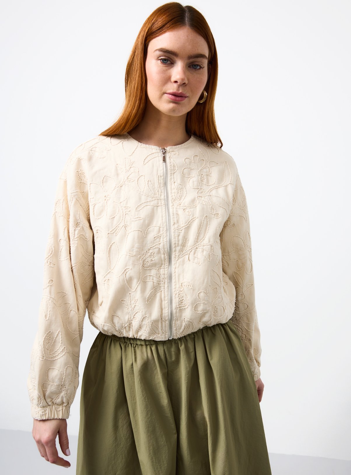Cream Floral Embroidered Bomber Jacket 