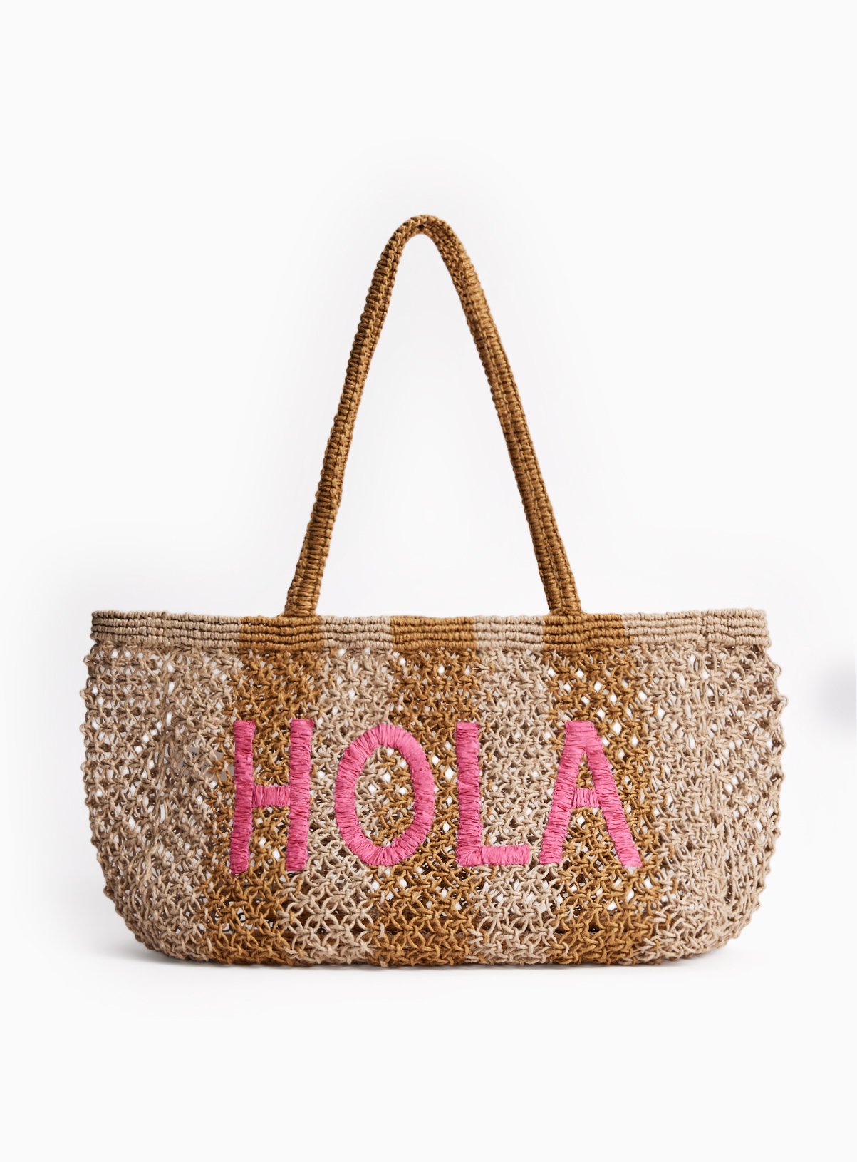 Natural Stripe Print Hola Graphic Straw Beach Bag One Size
