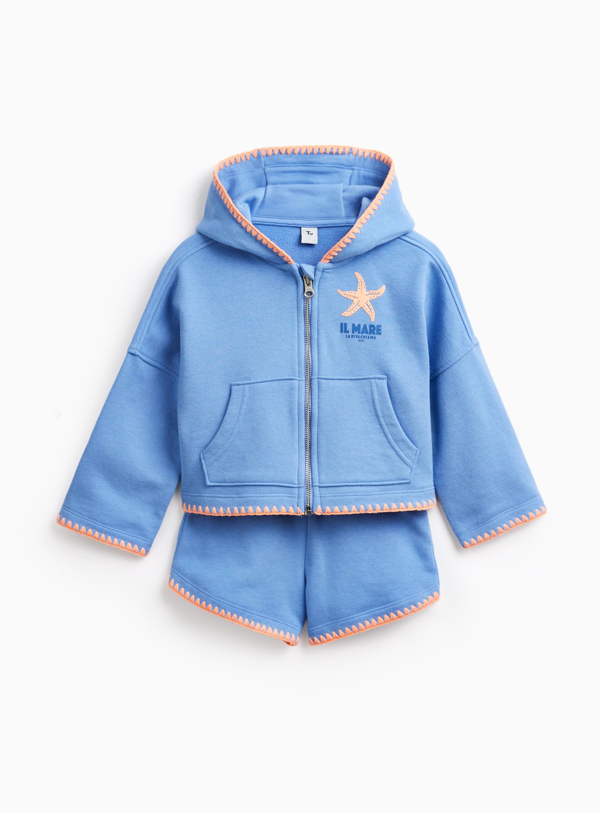 Blue Blanket Stitch Zip Through Hoodie & Shorts Set