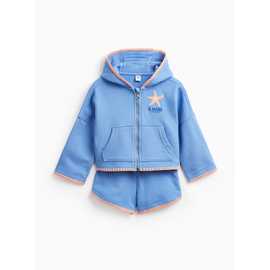 Blue Blanket Stitch Zip Through Hoodie & Shorts Set