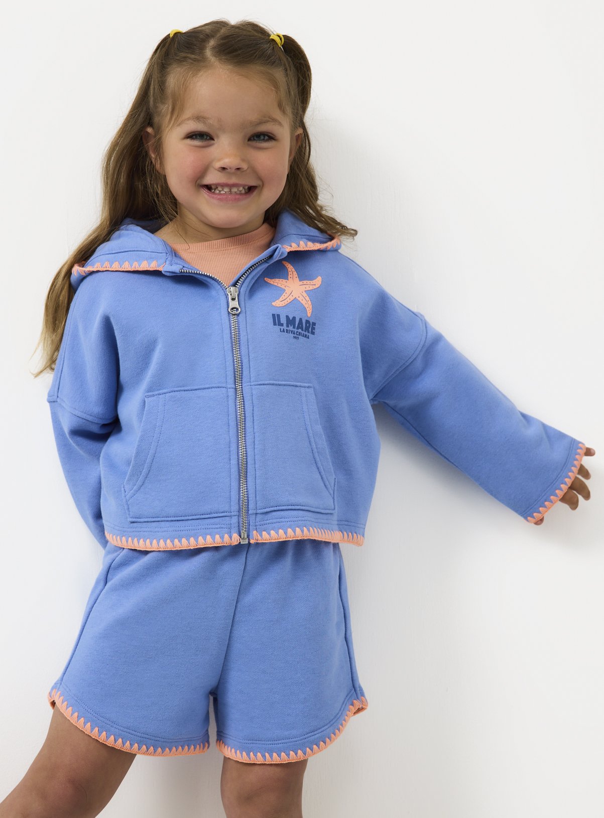 Blue Blanket Stitch Zip Through Hoodie & Shorts Set 