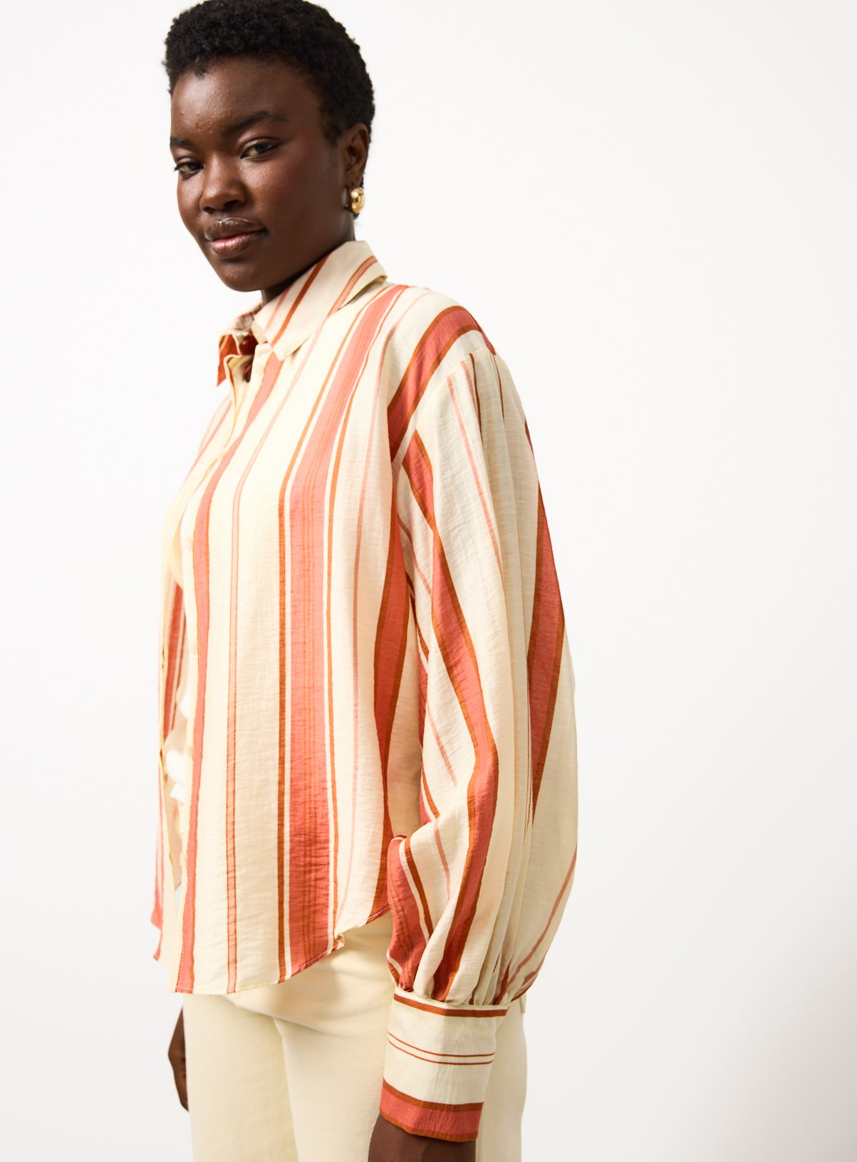 Orange Stripe Print Oversized Fit Balloon Sleeve Shirt 14