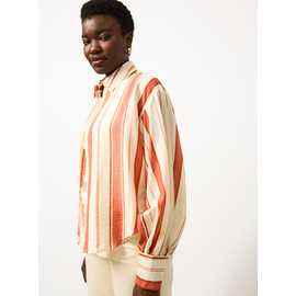 Orange Stripe Print Oversized Fit Balloon Sleeve Shirt