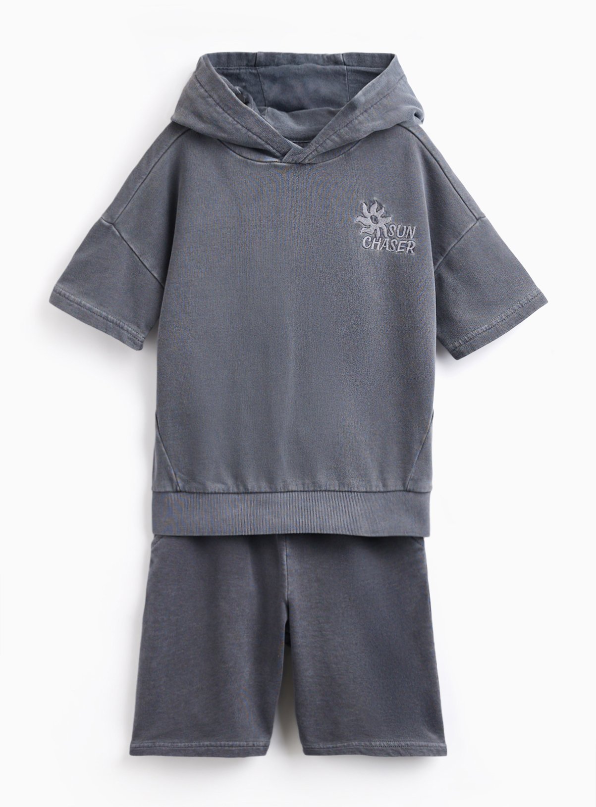 Black Washed Short Sleeve Hoodie & Shorts Set 13 years