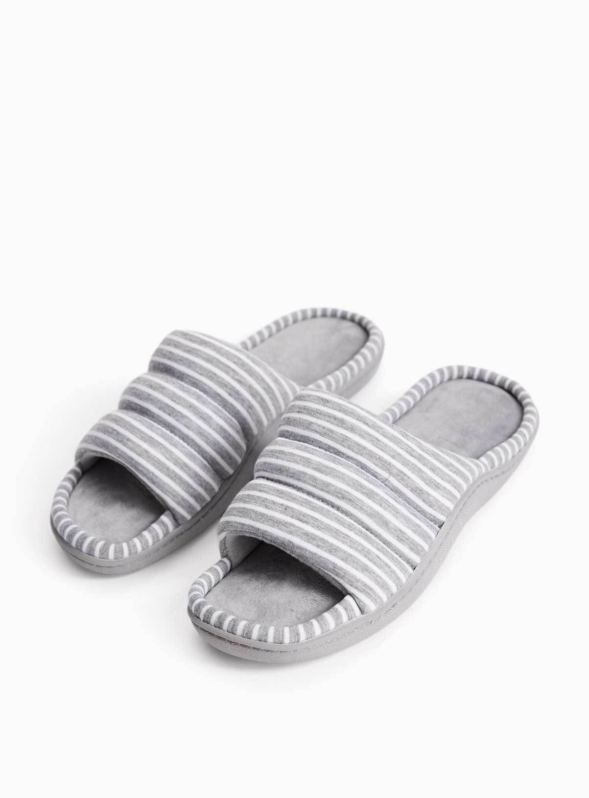 Grey Stripe Print Quilted Cupsole Mule Slippers M