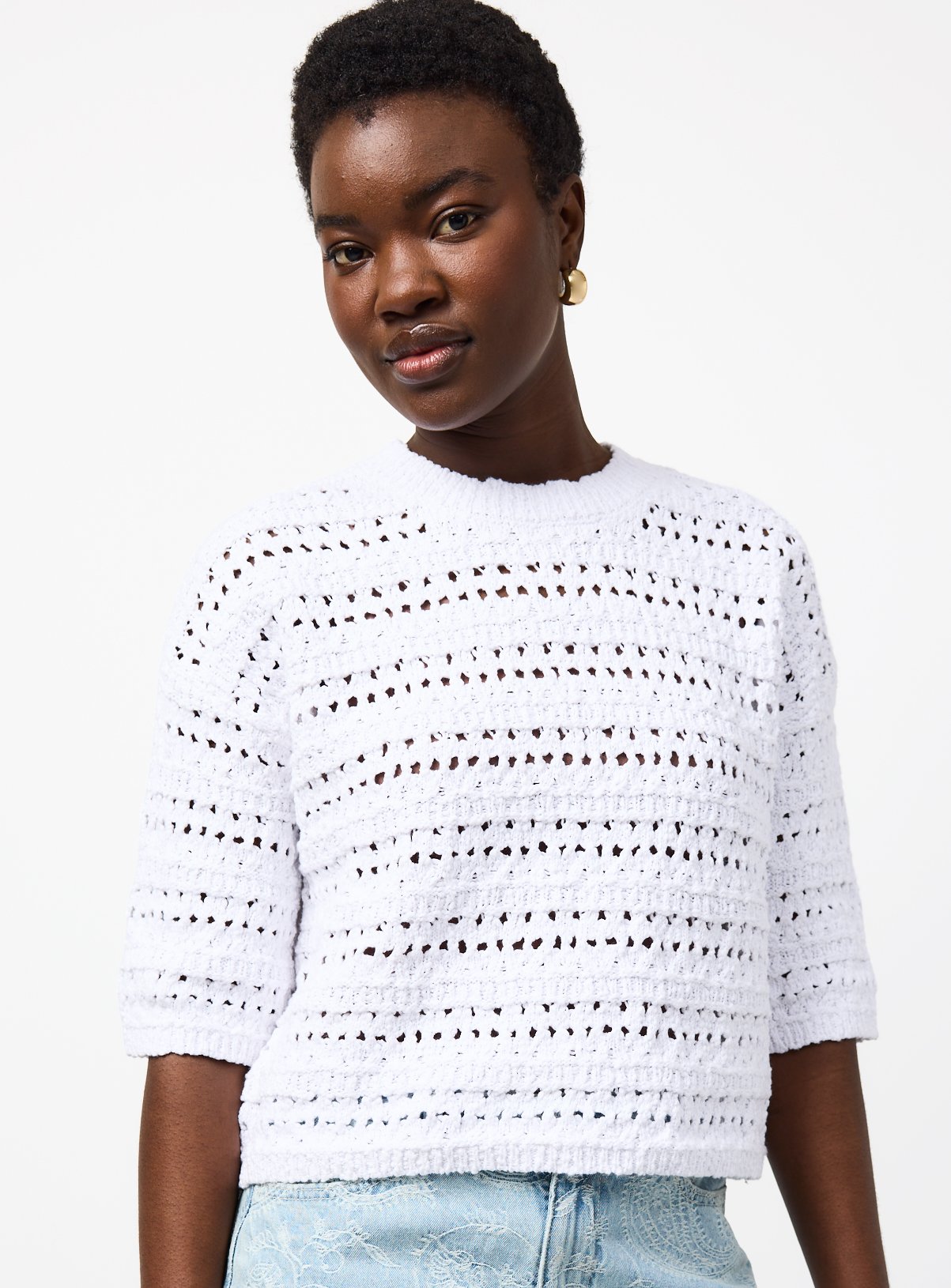 White Slub Stitch Boxy Fit Knitted T-Shirt XS