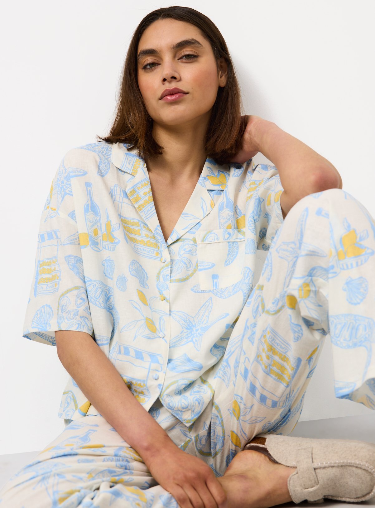 Cream Coastal Print Short Sleeve Linen Blend Traditional Pyjamas 20