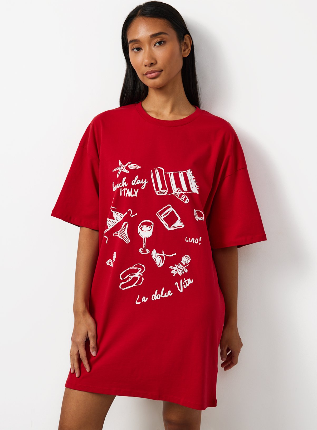 Red Beach Day Graphic Oversized Sleep Tee 