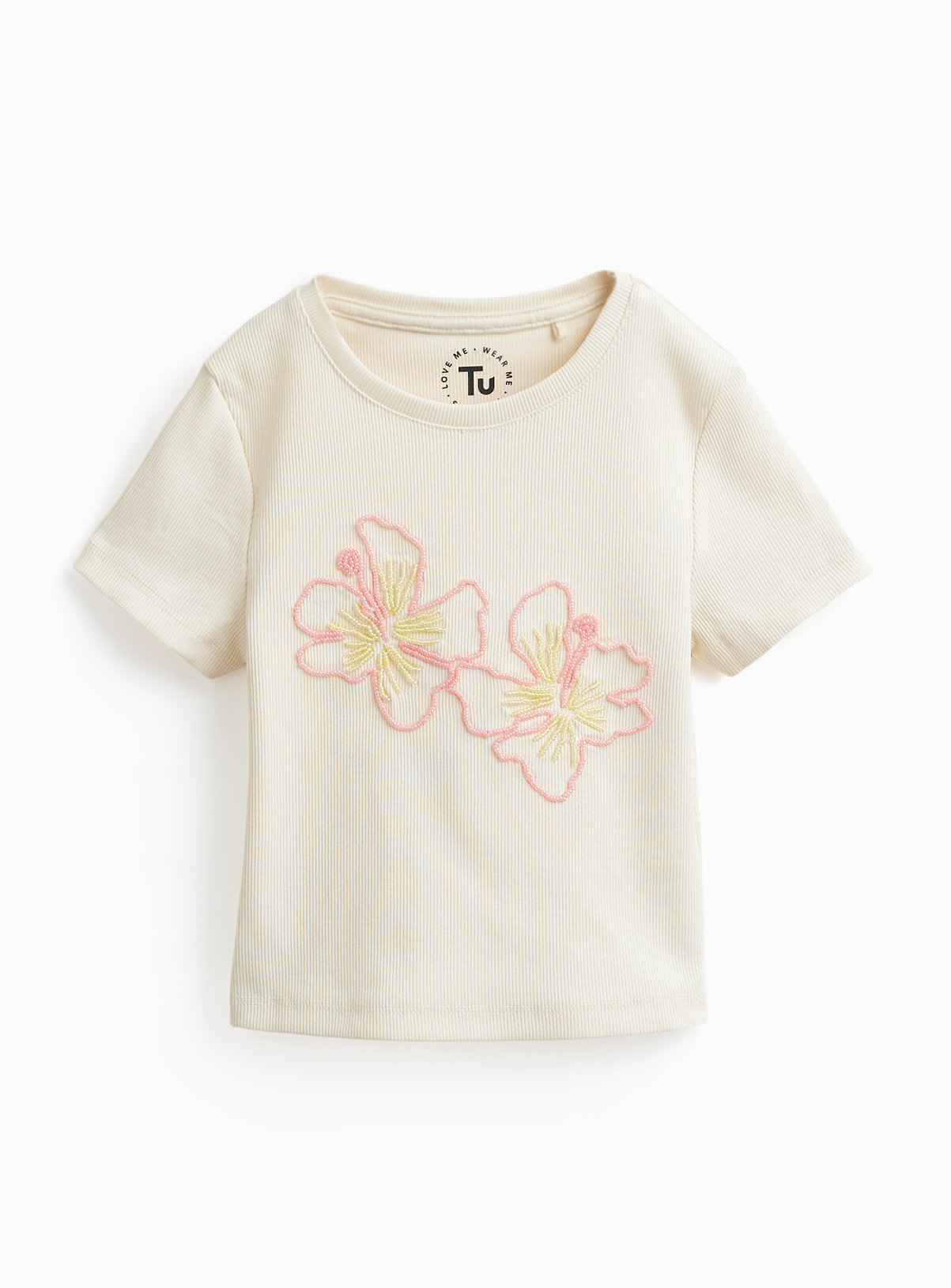 Cream Ribbed Beaded Flower T-Shirt 8 years