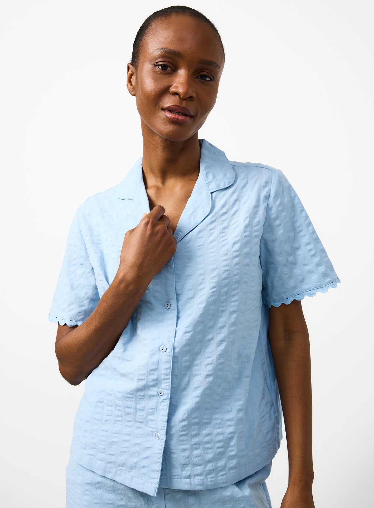 Blue Seersucker Short Sleeve Traditional Co-ord Pyjama Top XL