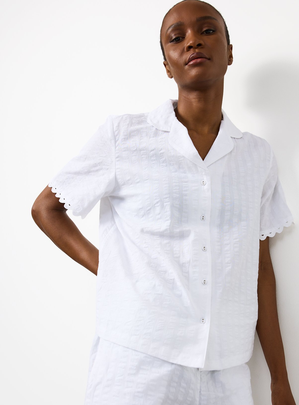 White Seersucker Short Sleeve Traditional Co-ord Pyjama Top 