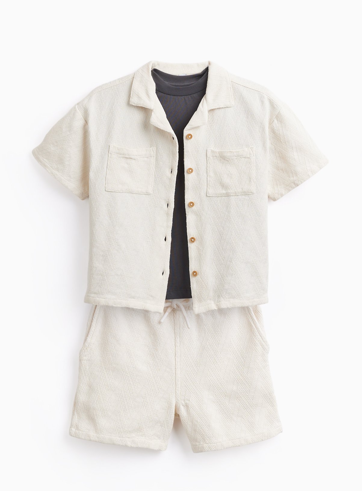 Cream Textured Shirt & Shorts 3 Piece Set 