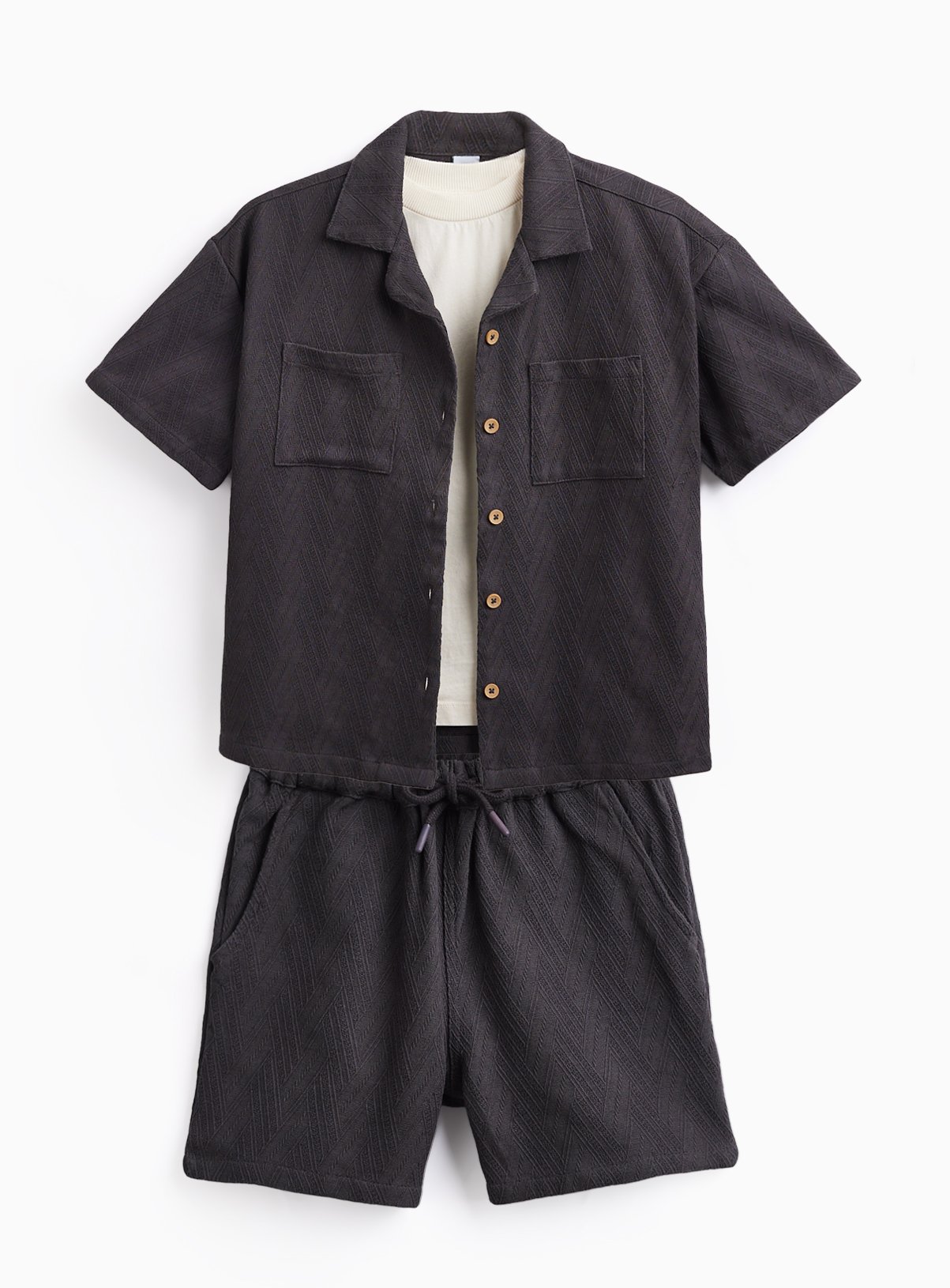 Black Textured Shirt & Shorts 3 Piece Set 